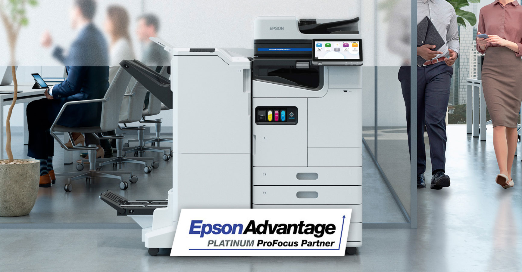 Epson WorkForce Enterprise MFP in office setting with Epson Advantage Platinum ProFocus Partner logo