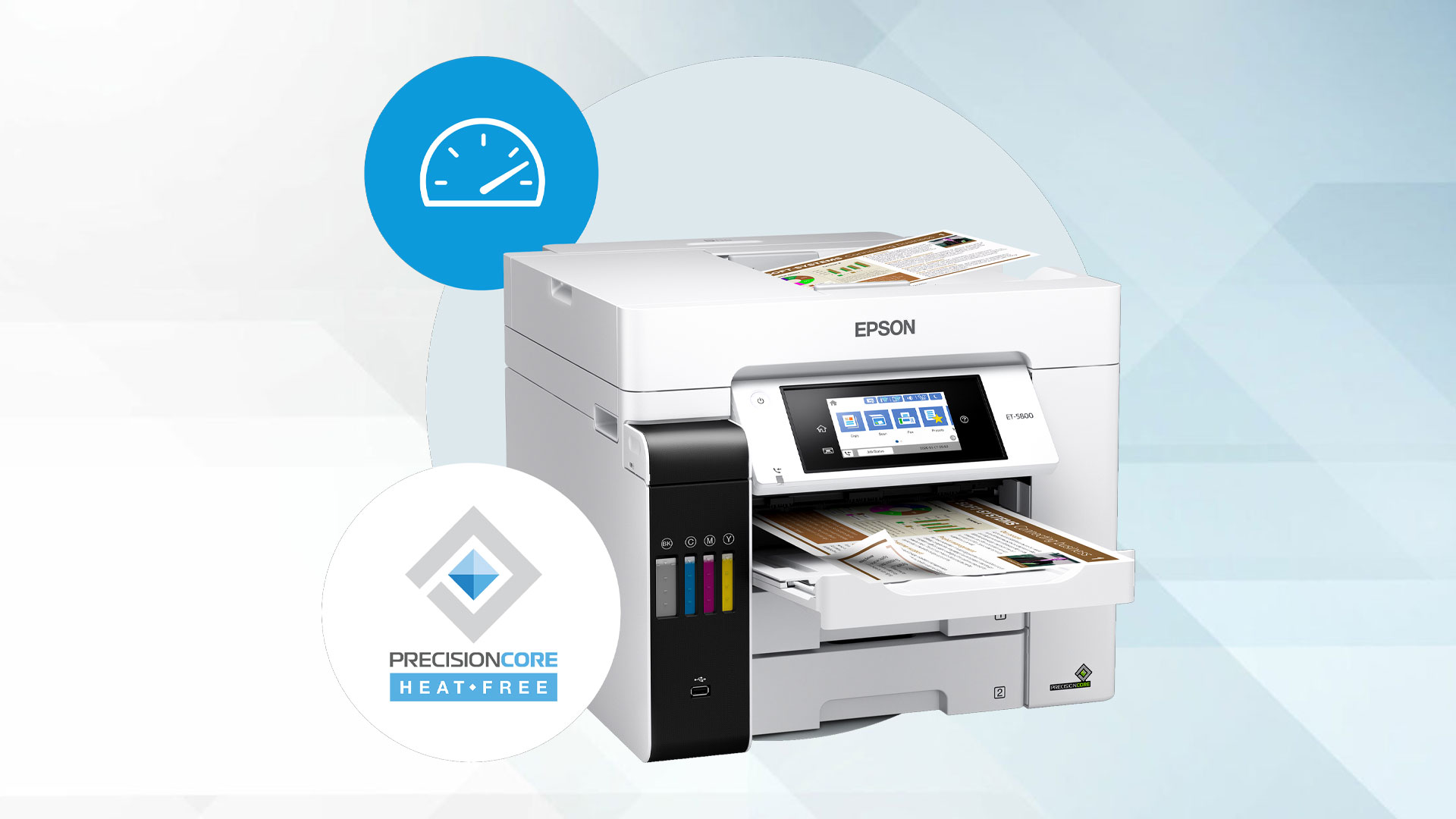 Epson EcoTank Printer on graphic background with epson precision icons around it